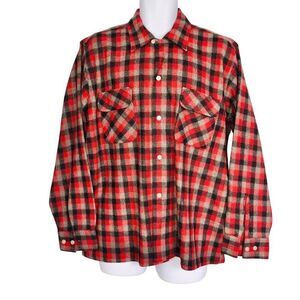 Vintage 70s Envoy Mens Board Shirt L Red Black Plaid Long Sleeve Wool